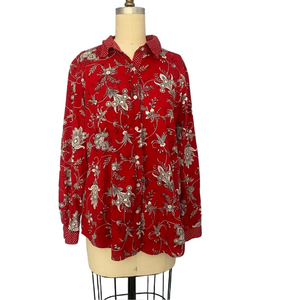 Susan Graver Red & White Floral Polka Dot Blouse Women’s Medium